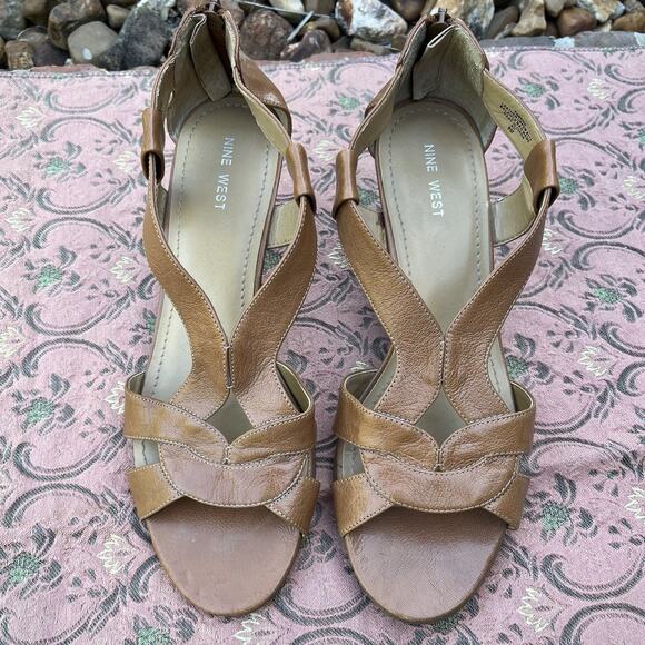 Nine West Sandals Women's 9M Wedge Zip Brown Leather Strappy - Picture 6 of 7